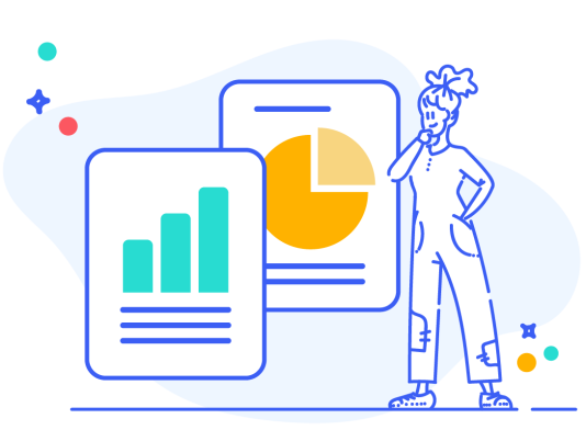 Illustration of a female looking at industry charts and graphs